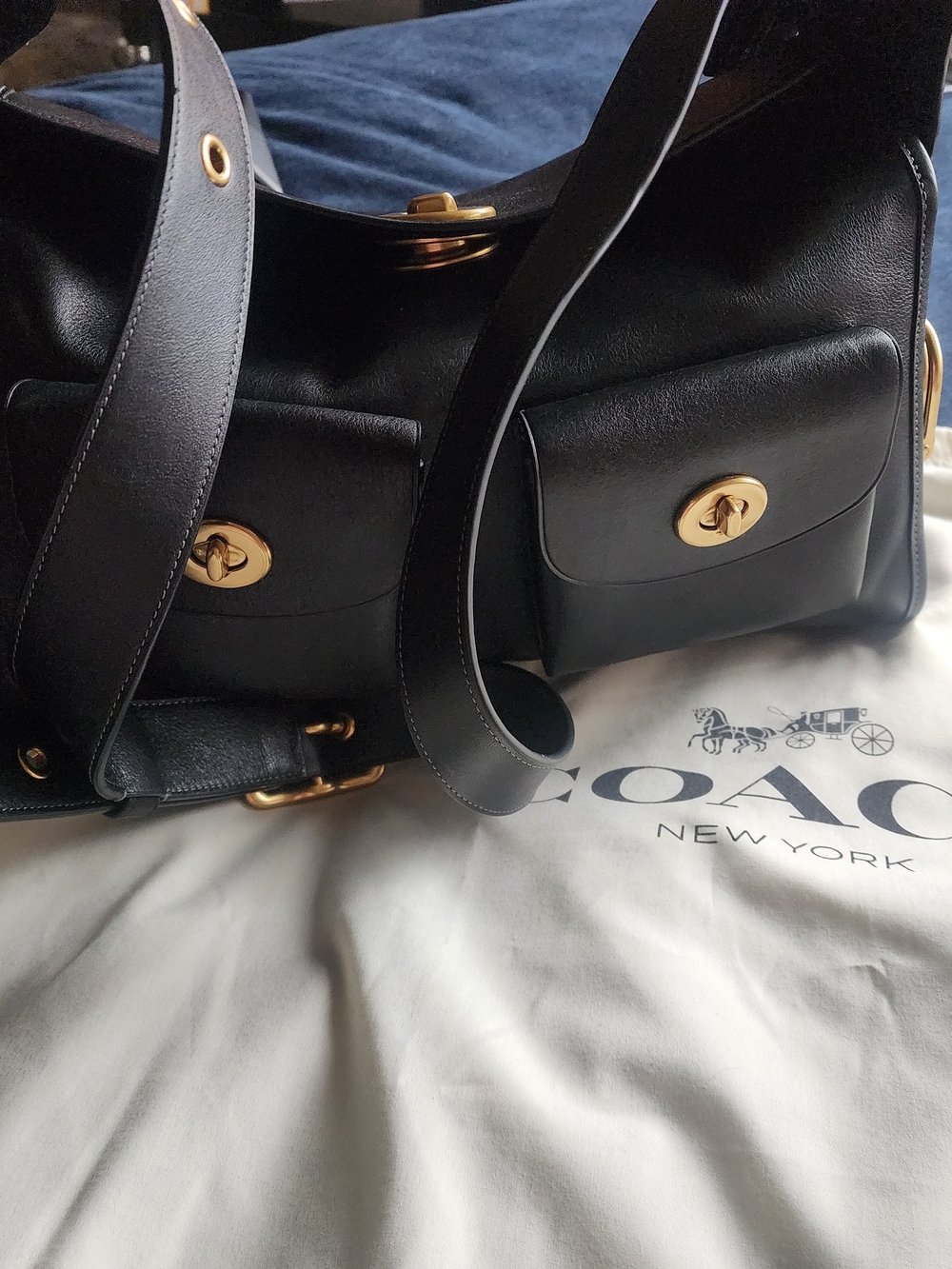 COACH Turnlock Haversack Black Leather Shoulder Bag with Gold Hardware